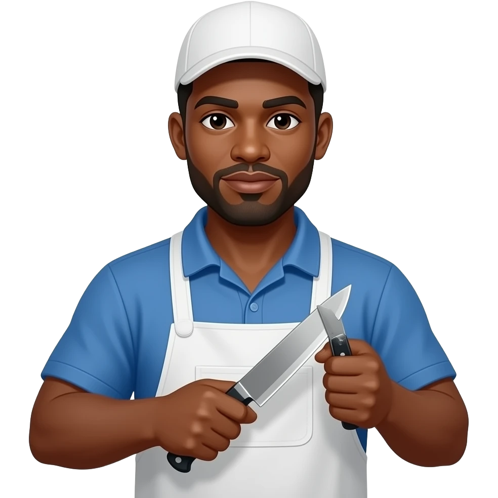 African Slaughter house worker with knives and knife sharpner emoji