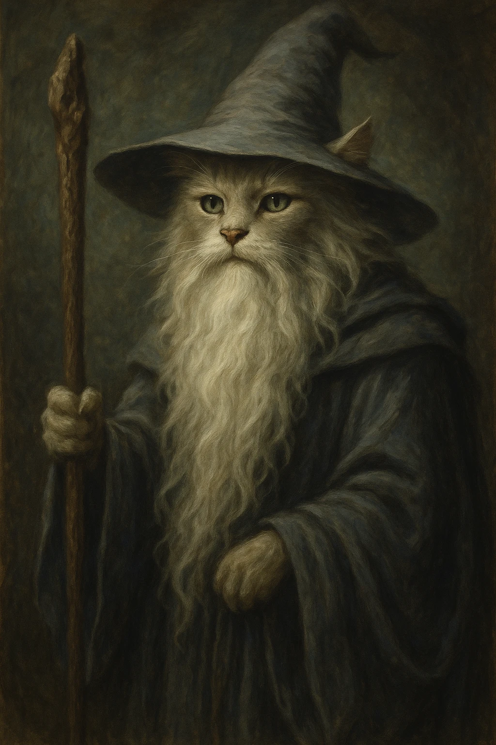wizard cat in Gandalf style, with long beard and cloak emoji