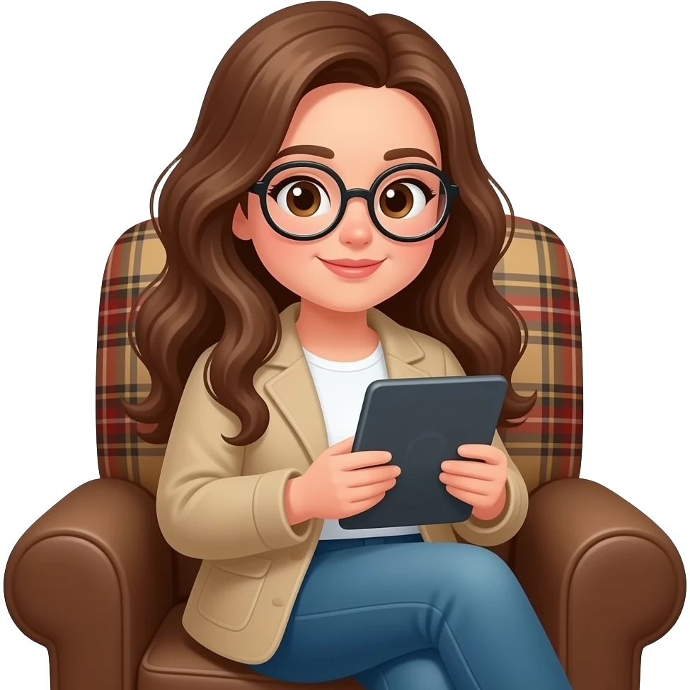 detailed emoji illustration of a curvy woman with long chestnut brown wavy hair, light brown eyes and round glasses sitting in a brown armchair with a planket scottish pattern in the back while reading on an e-reader tablet, cozy reading atmosphere, cute emoji style emoji