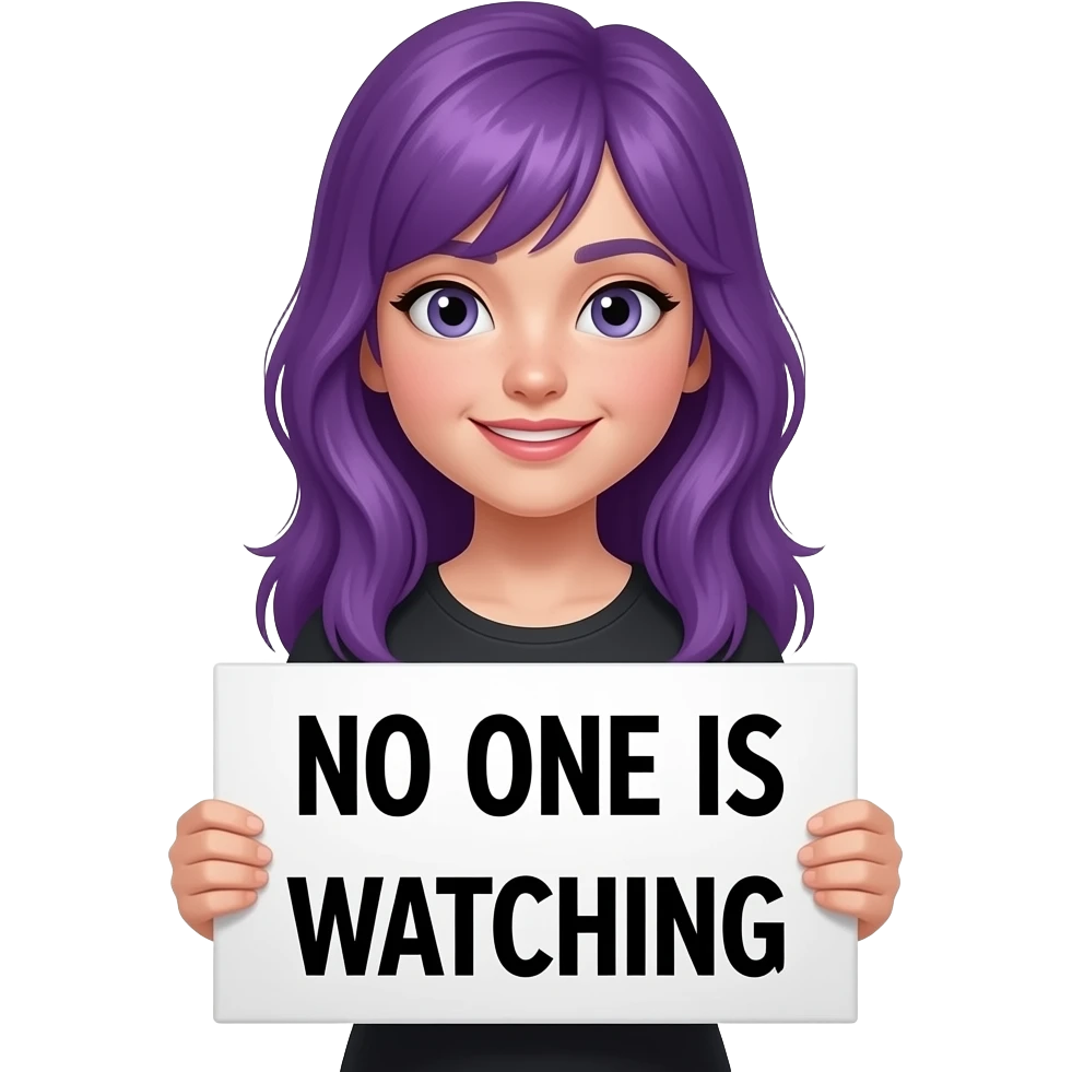 girl with long purple hair holding a DANCE like NO ONE is WATCHING sign emoji