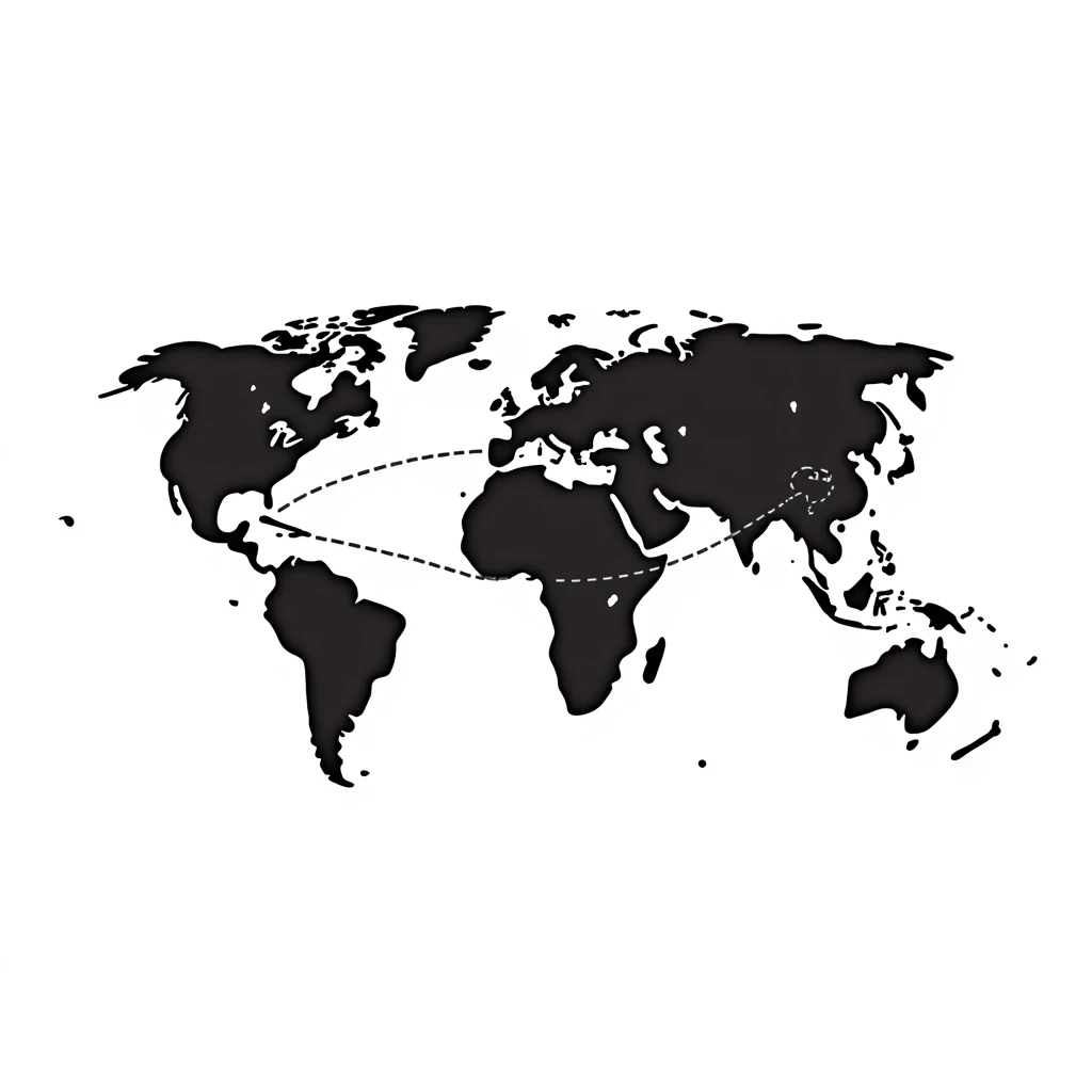 hand-drawn world map with a dotted route line connecting multiple countries emoji