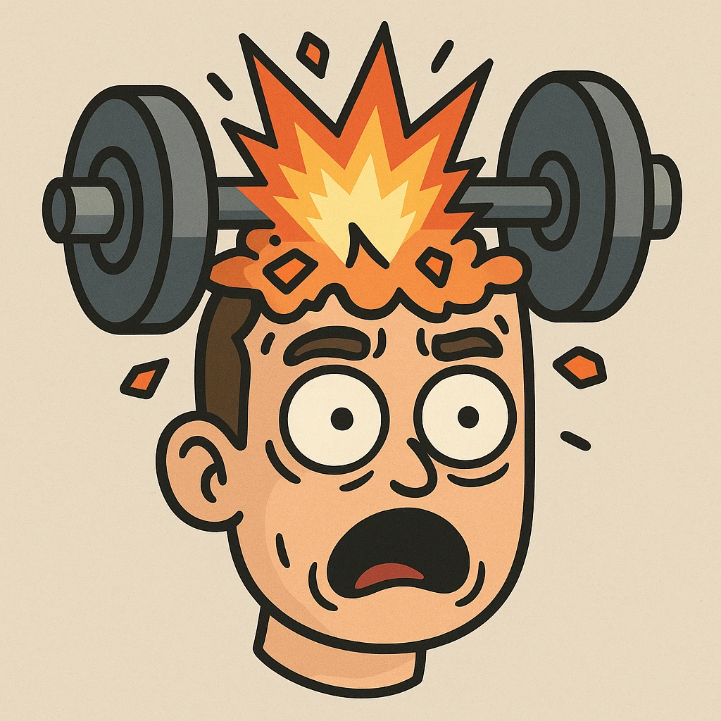 head icon with explosive burst from the top, barbell or weight plate blended into design, shocked wide-eyed facial expression emoji