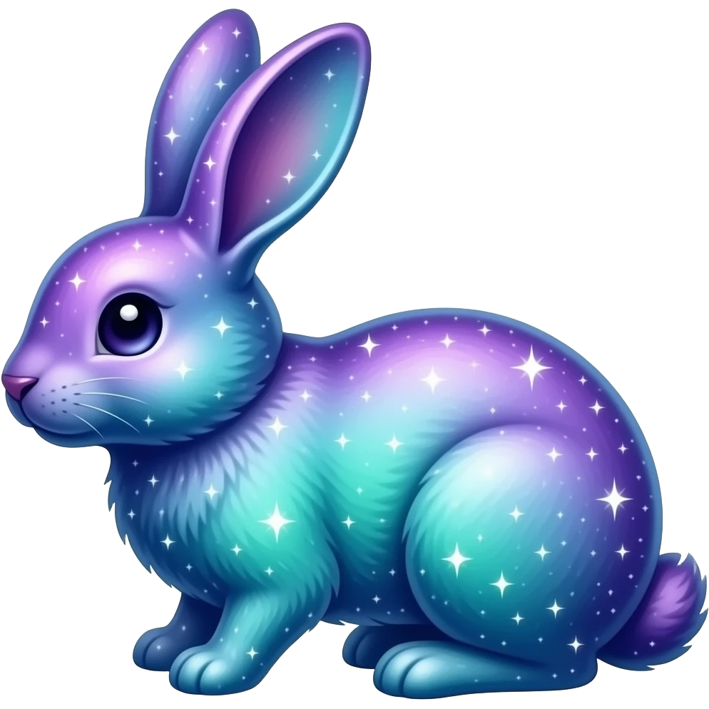 Celestial bunny, purple-blue-cyan-green-gradient shimmering shiny galactical starry sparkling, full body emoji