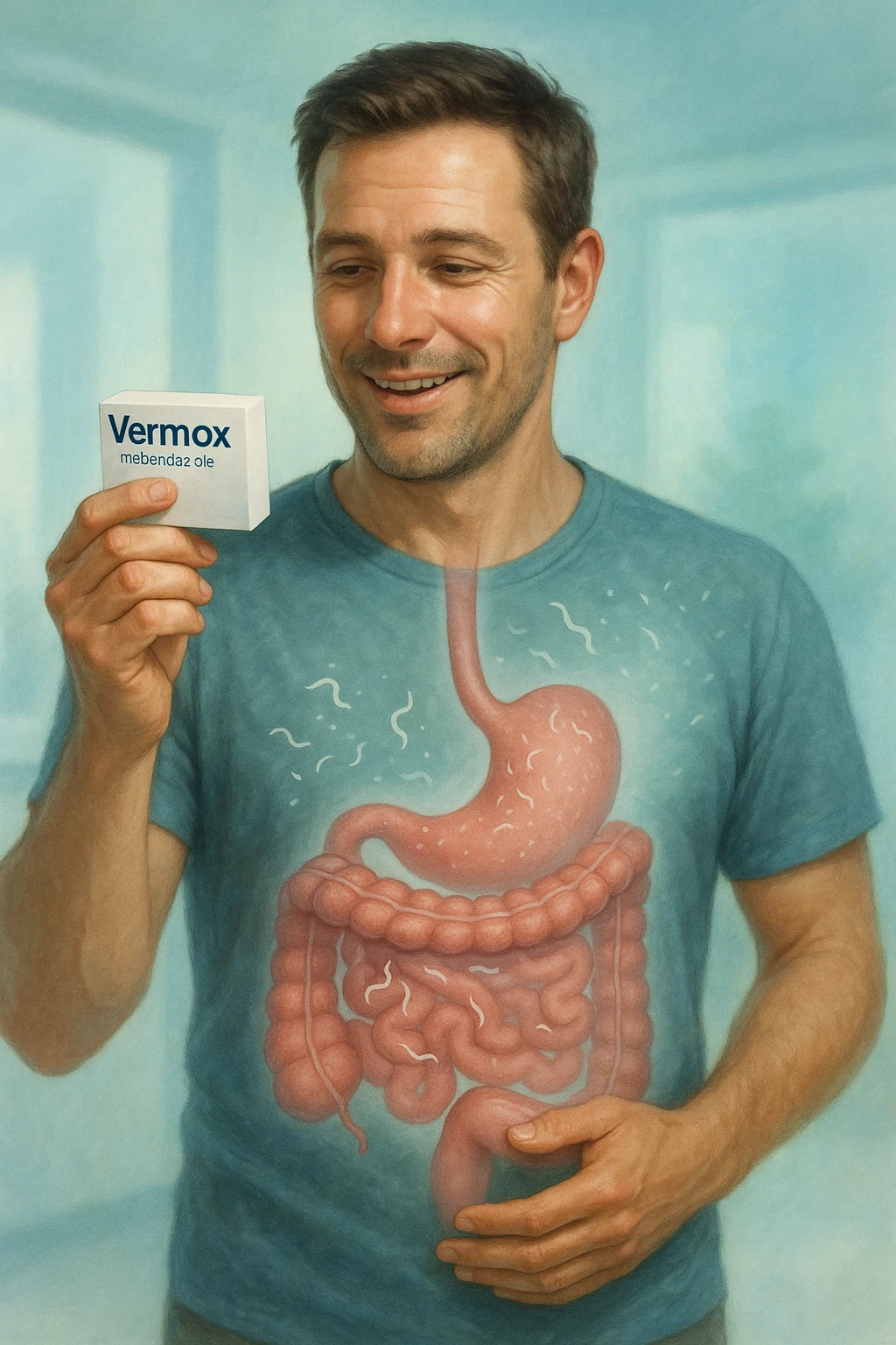 A realistic, cinematic illustration of a man in his late 30s holding a small white box of ‘Vermox’ (mebendazole) in one hand, with a relieved and hopeful expression on his face. Behind him, a semi-transparent overlay shows his digestive tract where small, symbolic worm-like parasites are dissolving and disappearing, indicating the medication’s effect. The environment is clean and bright, with a medical yet hopeful tone, conveying the concept of effective parasite removal. Subtle blue and green tones symbolize cleansing and health restoration, while the man appears energized and ready to reclaim his well-being emoji