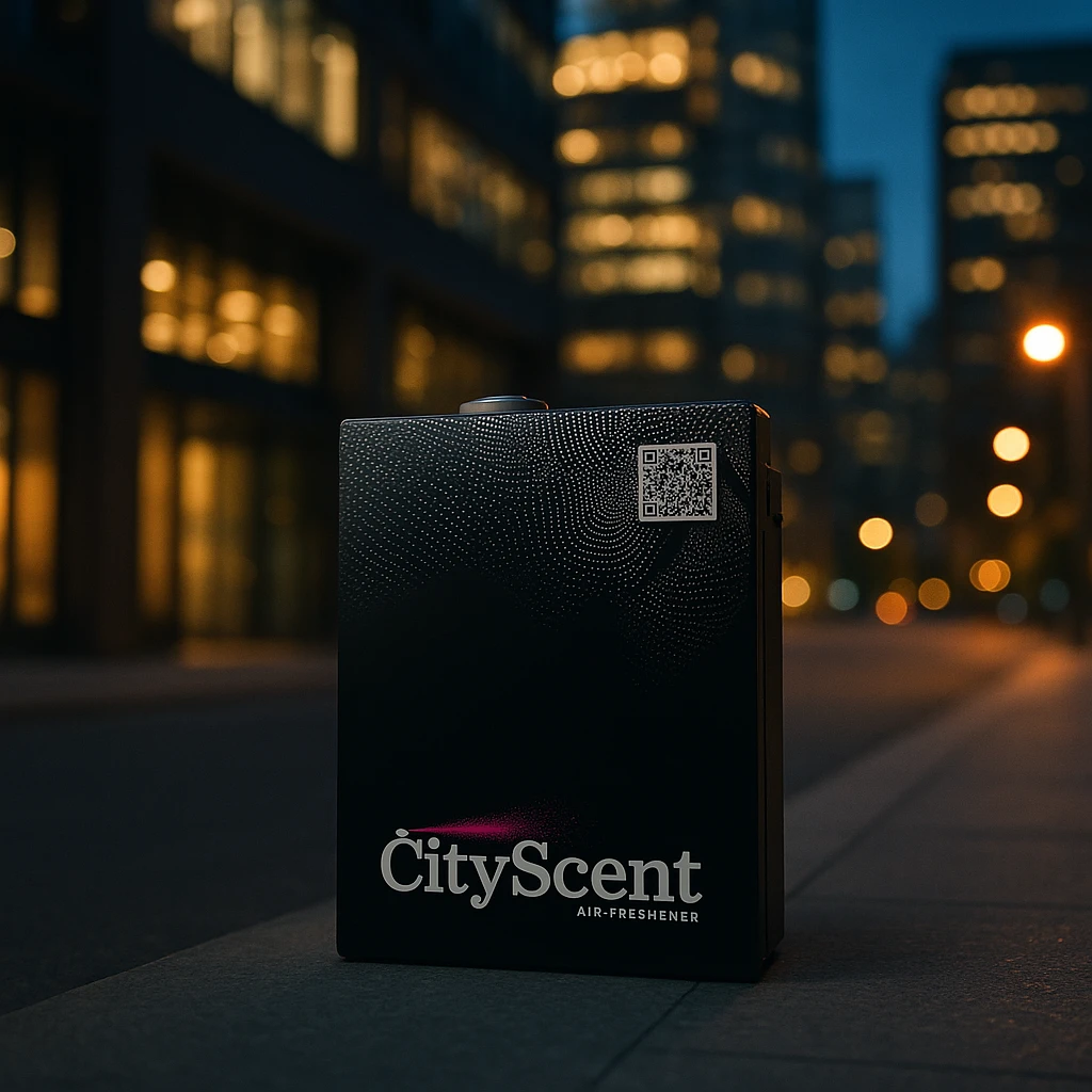 Place this exact CityScent air freshener machine realistically in the center of a modern city at evening, with city lights and a calm urban atmosphere, no people, focus on the machine. The style should be realistic and detailed to highlight the machine in an urban environment. emoji