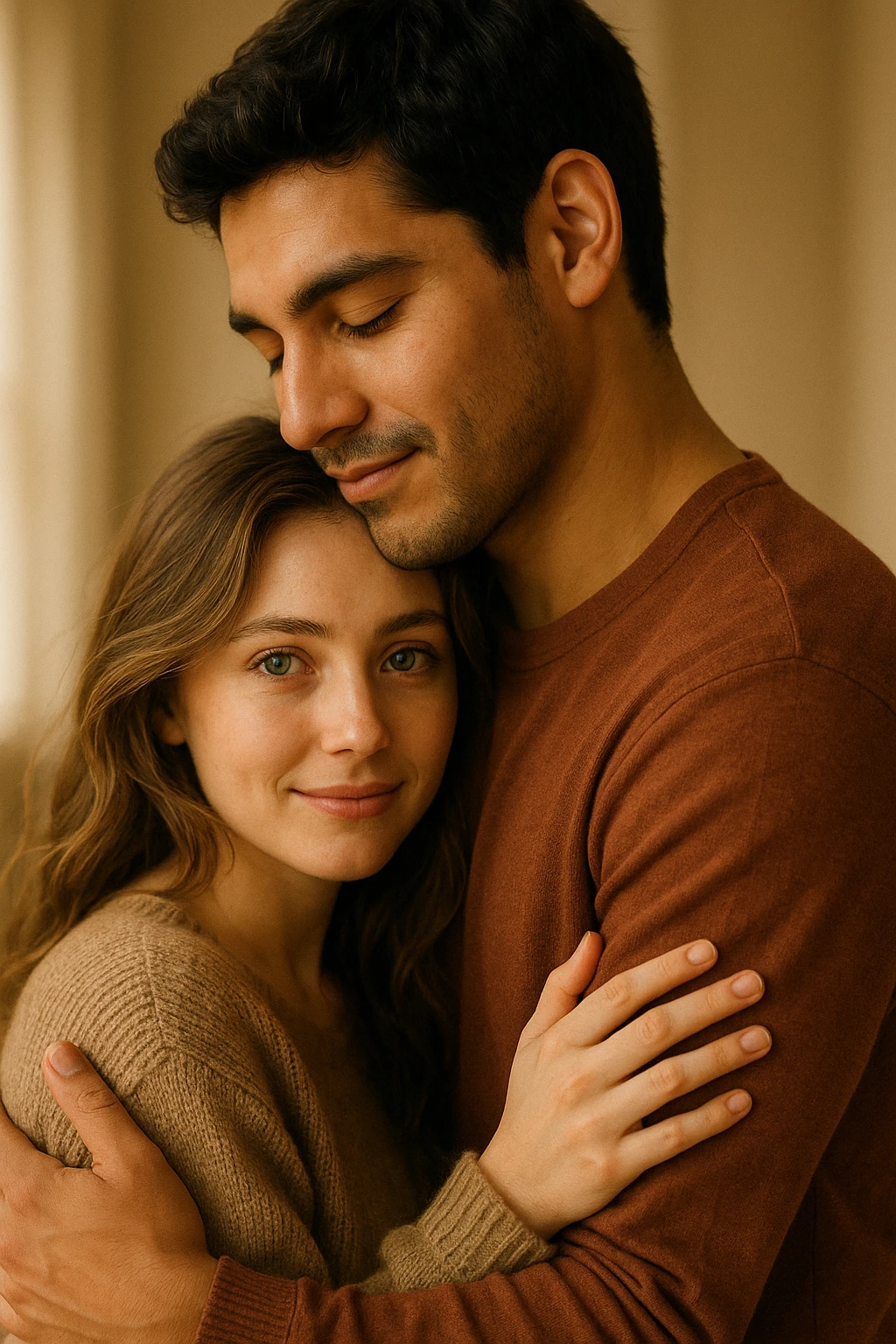 romantic hug, Latin guy with dark hair and girl with green eyes, warm and affectionate scene, soft lighting, gentle and loving atmosphere emoji