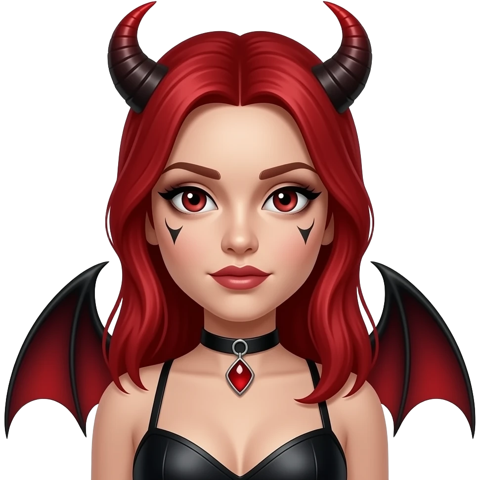 Succubus BDSM mistress with red hair and one eye. Slightly black skin. Tattoo in cheeks emoji