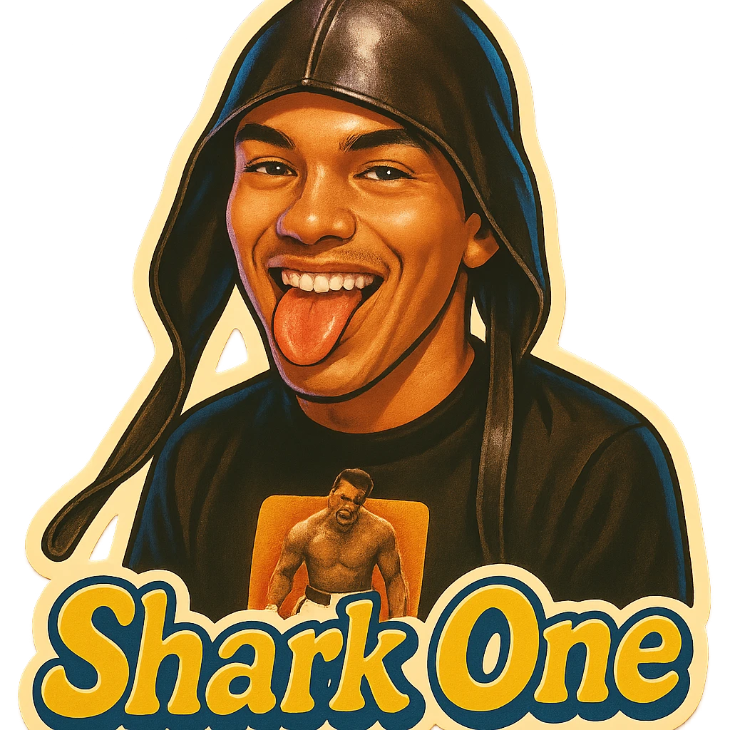 Make him Smiling with tongue sticking out
Add the words Shark One emoji
