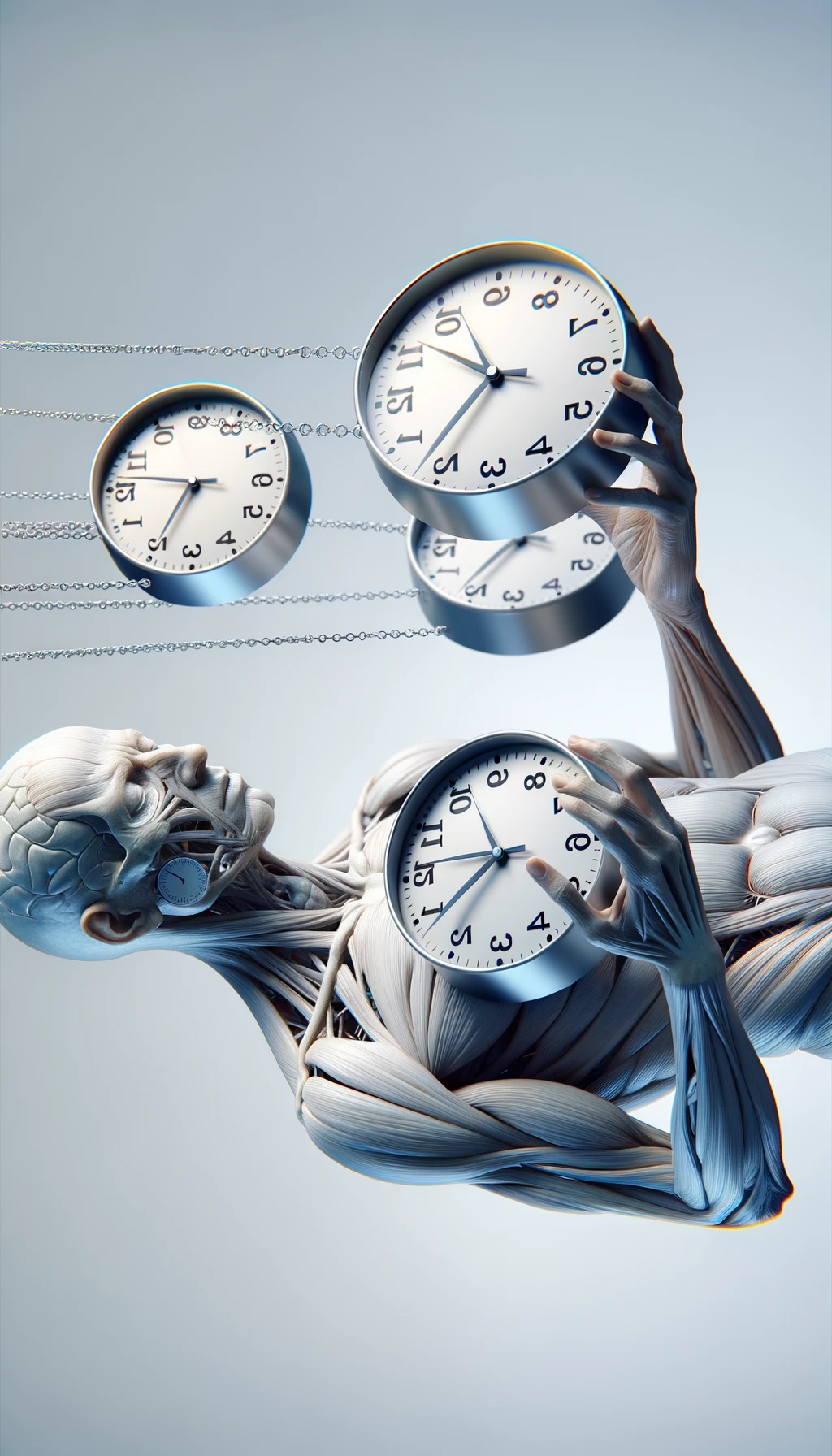 corpo umano anatomico CHE TIENE OROLOGI NELLE MANI E STA IMPAZZENDO PERCHé NON RIESCE A SVOLGERE TUTTE LE SUE ATTIVITà QUOTIDIANE: NON HA TEMPO, SFONDO CHIARO, iperrealistico 4k emoji