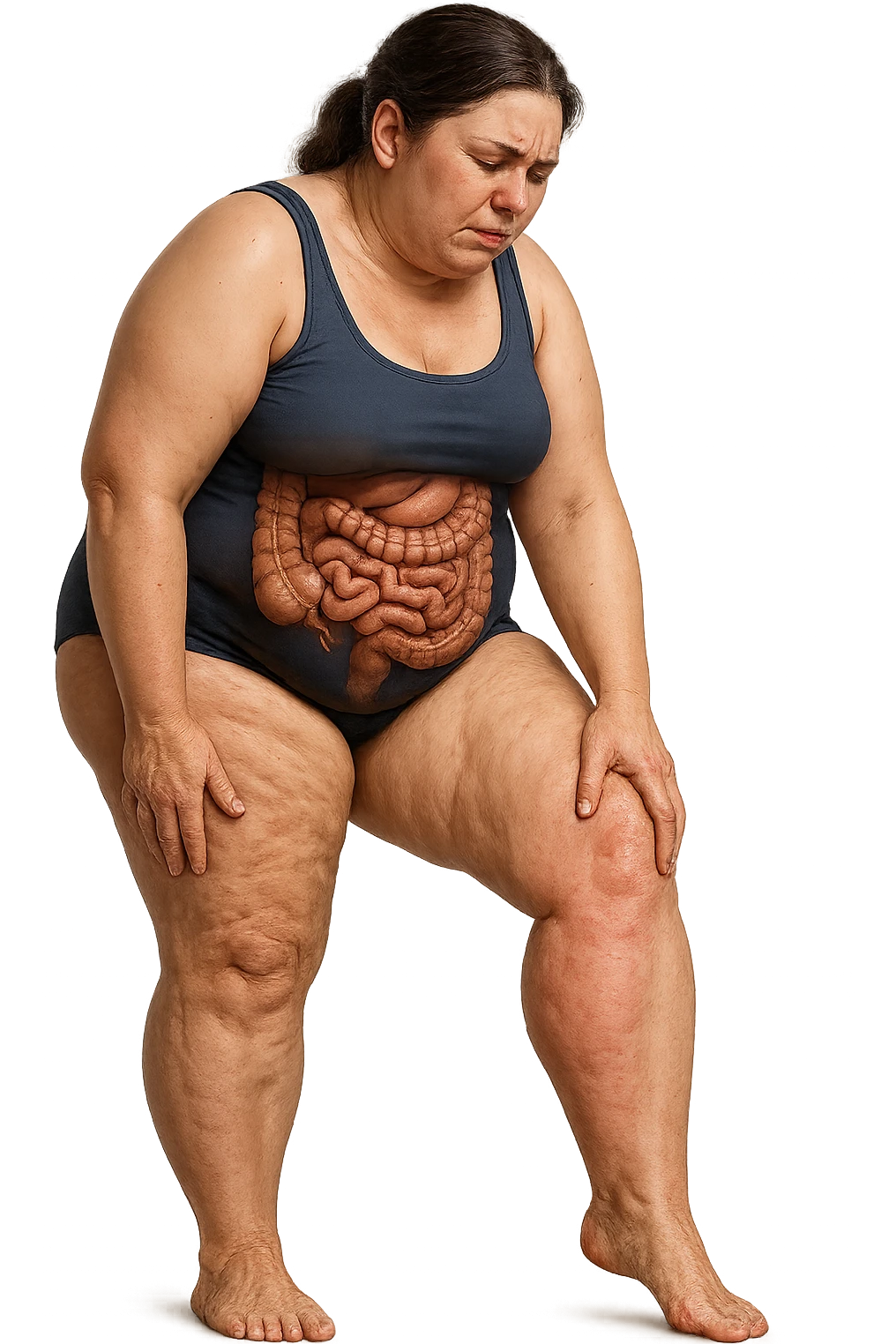 DONNA REALISTICA A FIGURA INTERA CON CELLULITE E GAMBE PESANTI E DOLORANTI, INTESTINO ANATOMICO IN EVIDENZA, CELLULITE VISIBILE, SI TOCCA LA GAMBA CON ESPRESSIONE DI FASTIDIO IN VOLTO, IPERREALISTICA 4K emoji