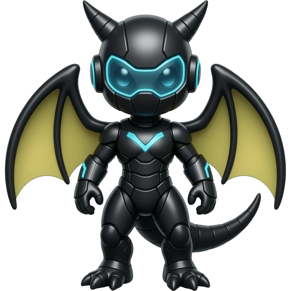 a shiny black Genesect-Flygon-Raptor-Fakémon—hybrid with a futuristic visor-helmet full body emoji