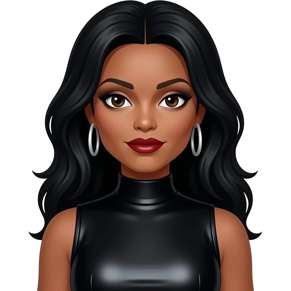 Janet Jackson with dark brown eyes, long 80s black hair, black eyeshadow, dark red lipstick, black metallic high neck dress, silver earrings emoji