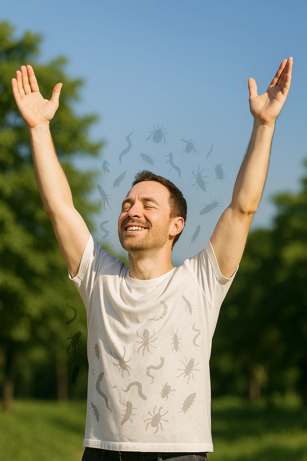 a man stands outdoors in bright sunlight, arms raised in relief and joy, while faint, shadowy silhouettes of parasites fall away from his body and dissolve into the air. His posture is upright and energetic, his expression serene and healthy. The background features green trees and a clear sky, emphasizing liberation and restored well-being. emoji