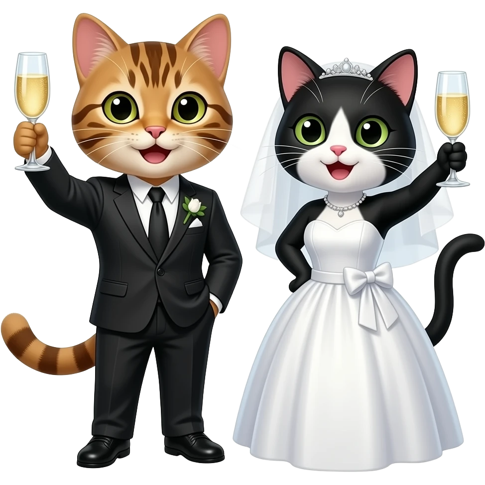 make a kitty couple, one tabby brown cat with stripes (boy cat) wearing a suit and the other kitty black and white (girl cat) wearing a bride dress cheering with a glass of champagne emoji