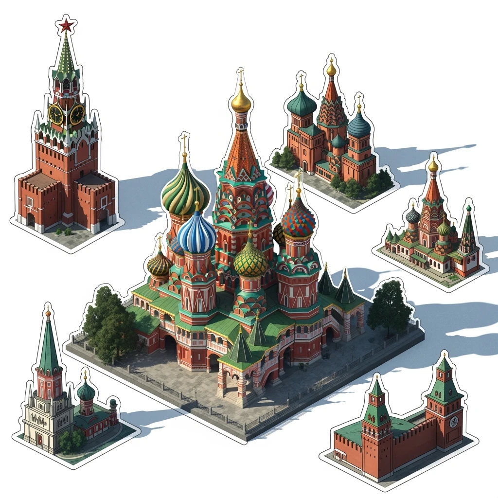 Isometric illustration of Moscow, featuring photorealistic Saint Basil's Cathedral with colorful onion domes, hand-drawn painterly details transparent background emoji
