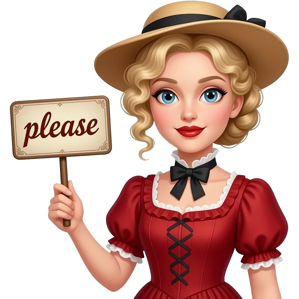 short blonde with spiral curly hair side swept bob pinned in a French twist  with a vintage sign saying please in an 1800 red outfit  and vintage hat in red lipstick emoji