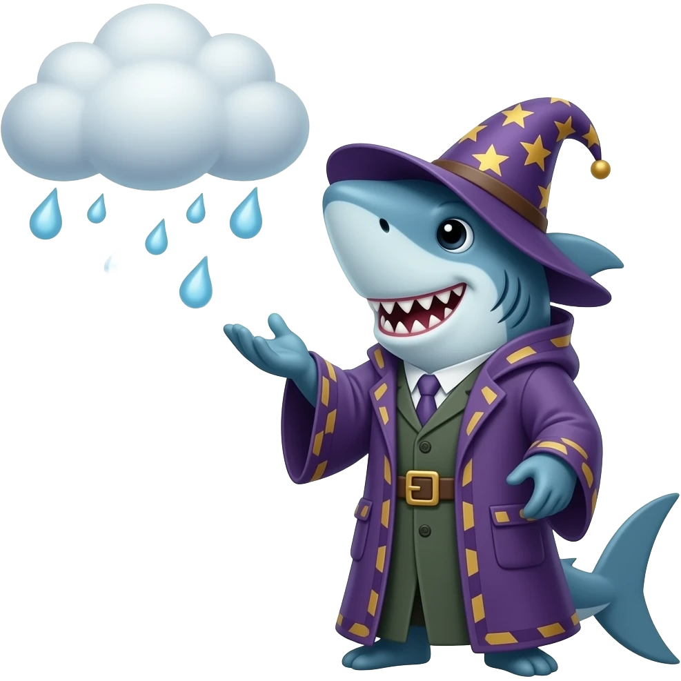 A shark wizard casting a spell on a cloud to make it rain emoji