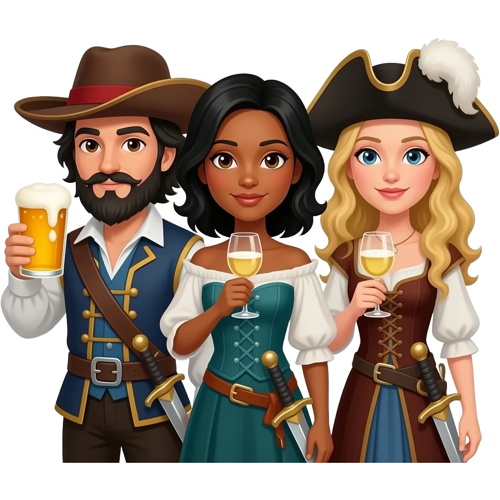 Three musketeers with swords and hats. One guy with black hair, beard and dark brown eyes, one girl with black hair and tanned skin and one girl with blond hair. The guy is drinking beer and the girls white wine. emoji