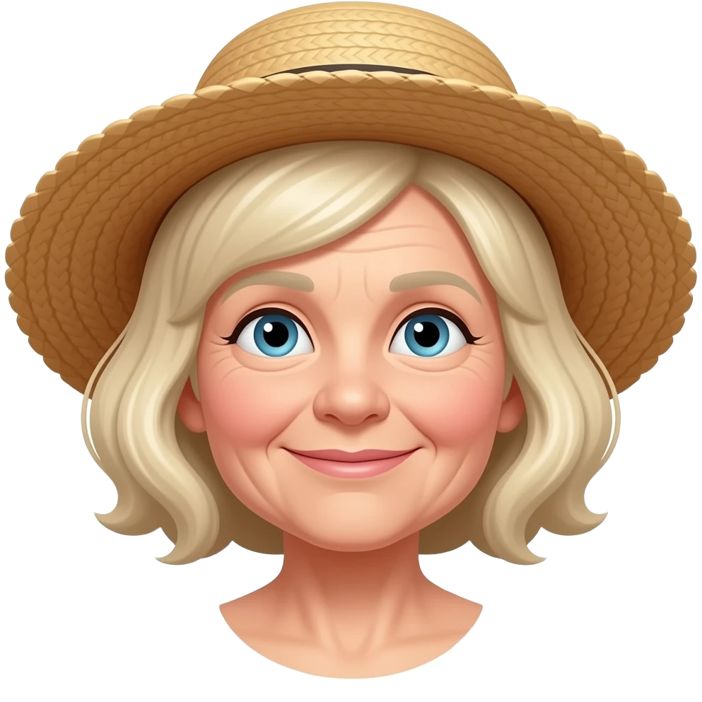 Grandma blond with straw hat and chin tilted up emoji
