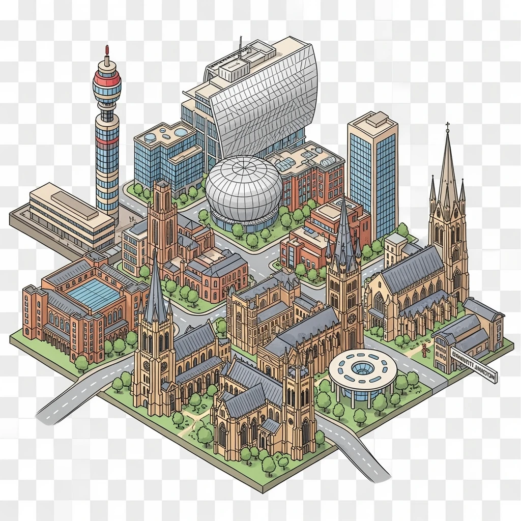 Isometric illustration of the Birmingham with iconic cities landmark, miniature slightly hand-drawn style, transparent background. emoji