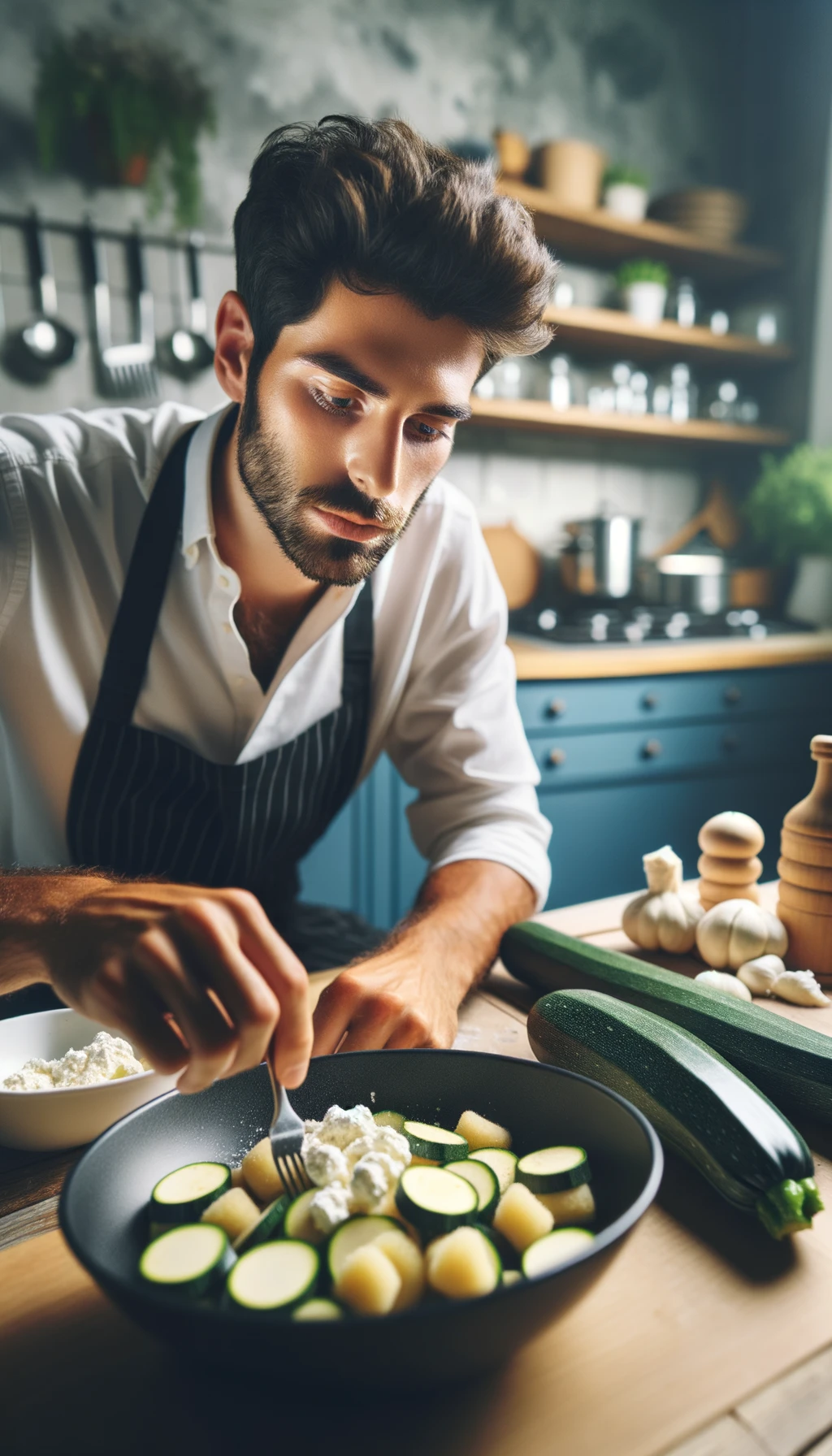 uomo con capelli corti con grembiule nero che cucina una ricetta con zucchine, gnocchi e ricotta, cucina sfocata sullo sfondo emoji