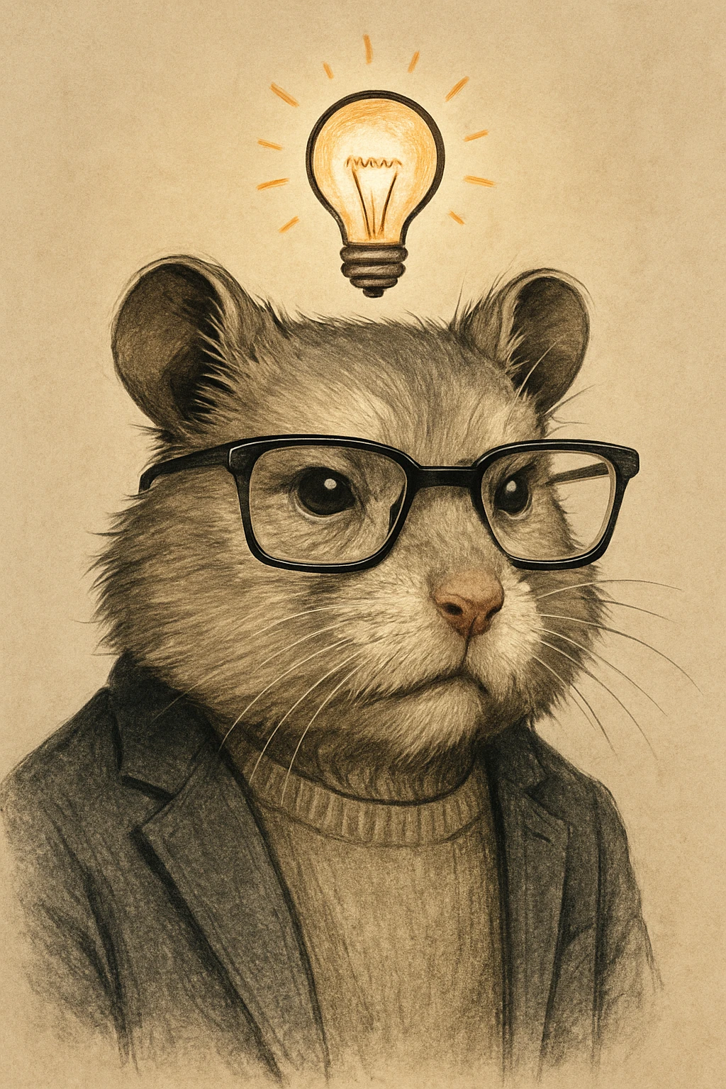 a contemporary, mature-looking hamster, inspired expression, fashionable glasses, and a lightbulb symbolizing an idea, sophisticated illustration style emoji