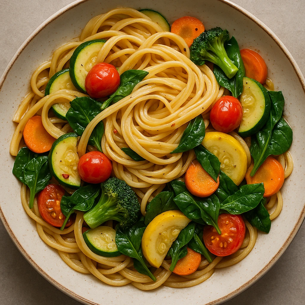 realistic style veggie pasta, detailed noodles and vegetables, top view emoji