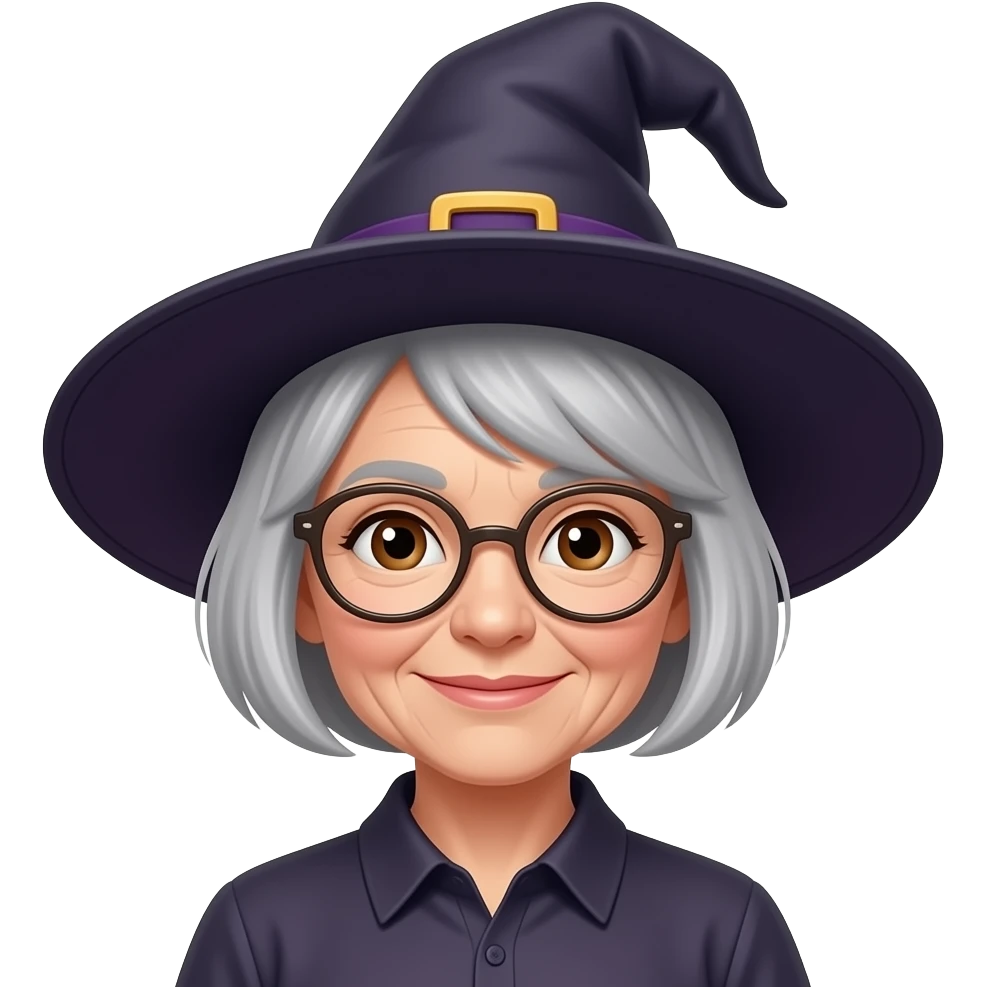 Beautiful woman short grey hair brown eyes glasses 75 years witches hat emoji