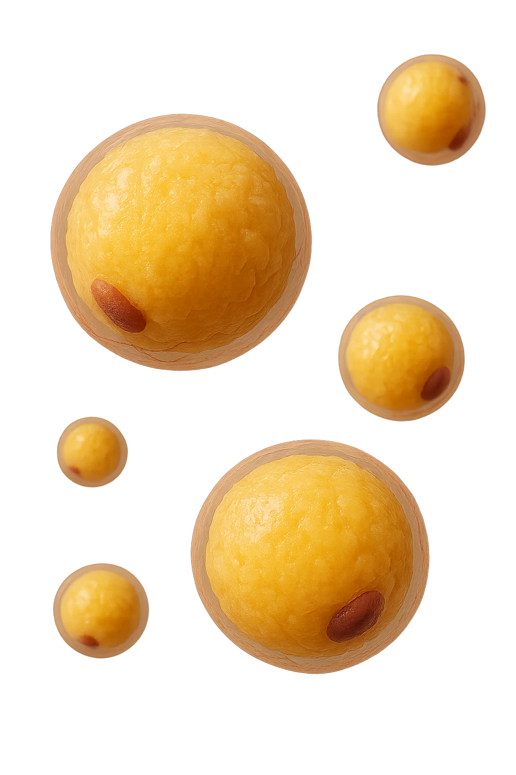 cellule di grasso anatomiche gialle realistiche umane fluttuano in aria, iperrealistico 4k emoji