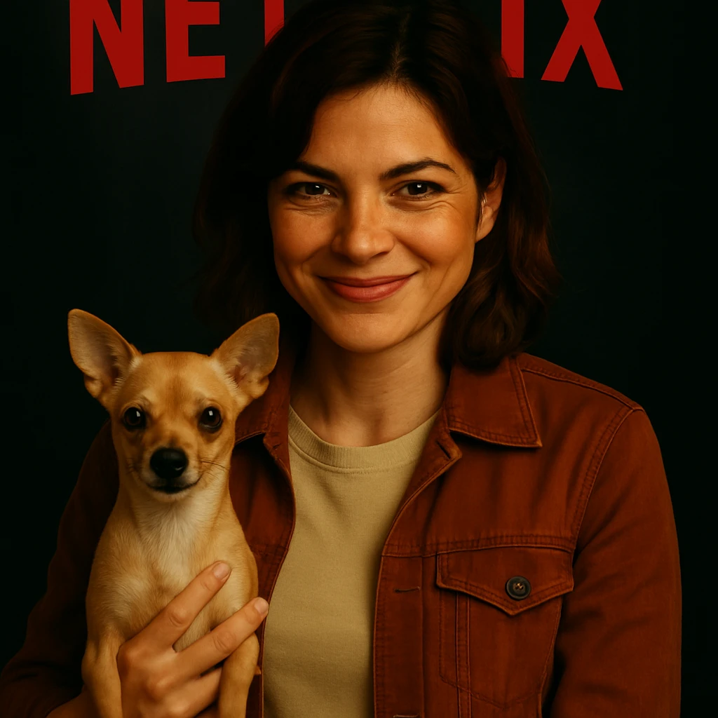 Give the woman a more smiling and knowing expression, in the style of a Netflix series poster, keeping all other elements identical. emoji