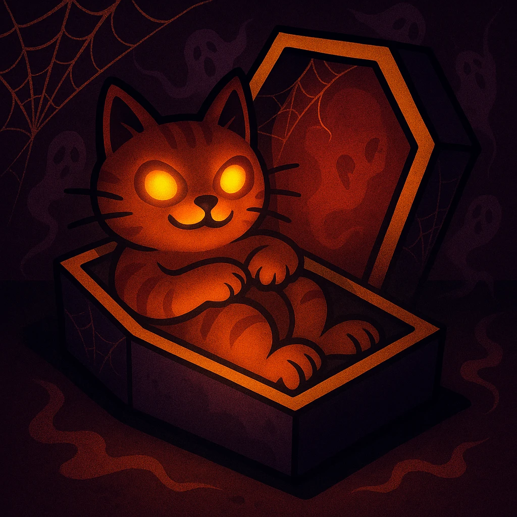 Make the cat in the coffin look spooky with eerie lighting, add cobwebs and ghostly effects in a vibrant cartoon style. emoji