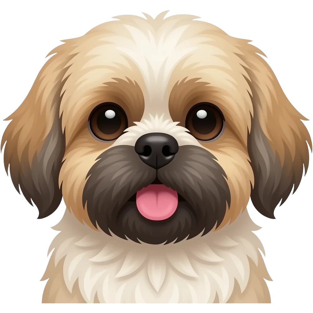 Close-up of a Shih Tzu dog with fluffy cream and light beige fur, darker brown and black tones on the muzzle and long droopy ears. Flat face, small black nose, large round dark eyes. Slightly open mouth with a pink tongue out. Cute expression, soft detail, clean outline, sticker style. emoji