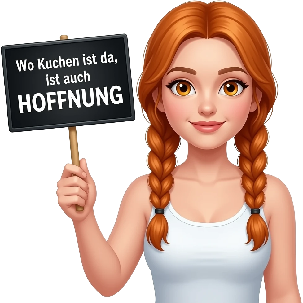 sexy girl with long ginger braids and ginger eyes wearing a white tanktop is holding a black sign with wo KUCHEN ist da ist auch HOFFNUNG written on it emoji