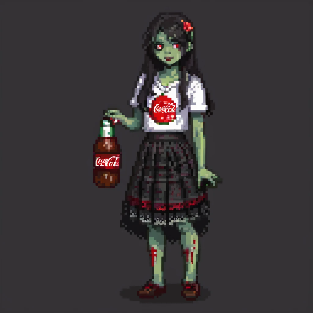 Generate an Asian girl, dark-haired, she's a zombie, wearing a skirt with lace, slightly torn,
Holding a bottle of Coca-Cola in her hands.
Background: a dark street in the style of Gotham City  emoji