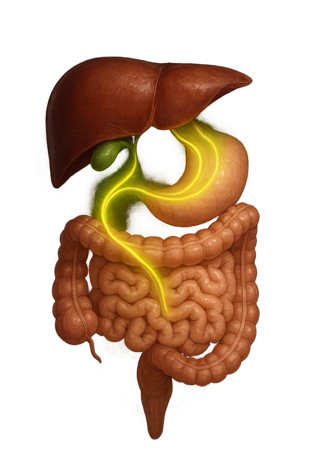 A detailed anatomical illustration-style image focusing on the human torso, highlighting the liver, gallbladder (cistifellea), and intestines. The organs are shown with realistic textures and colors: the liver in deep reddish-brown, the gallbladder as a small greenish sac tucked under the liver, and the intestines in soft pinkish hues. Connecting these organs are glowing, semi-transparent lines or light trails in vibrant colors (e.g., bright yellow or green) that visually trace the functional and physiological links between them. The lines flow smoothly from the liver to the gallbladder and then down to the intestines, symbolizing bile flow and digestive processes. The background is a subtle dark gradient that enhances the brightness and clarity of the lines and organs. The style is a blend of medical illustration and modern digital art, clear, precise, and visually engaging emoji