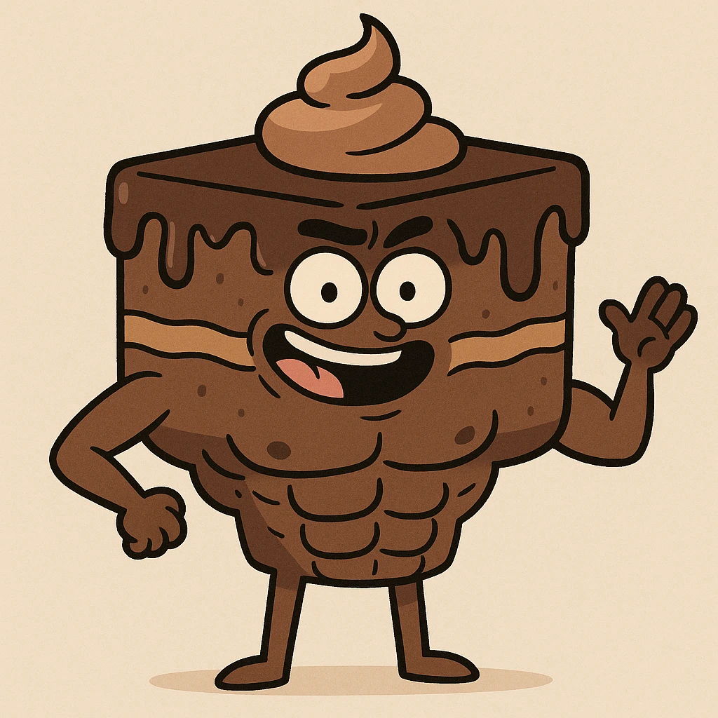 playful and humorous chocolate cake with defined abs, stylized as a character, simple background emoji