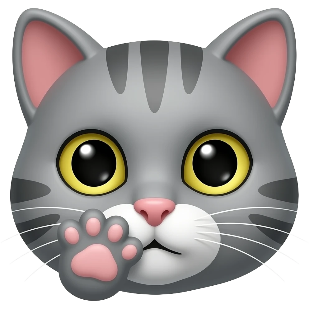 Silly grey cat face with paw hiding mouth emoji
