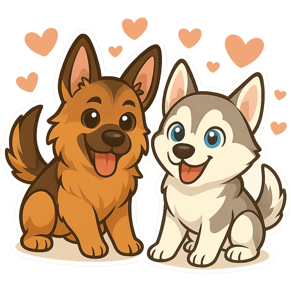 Keep the chibi German Shepherd and Husky dogs with hearts as in the reference image, but make the background translucent (transparent). emoji