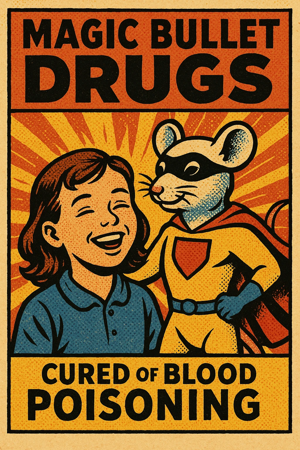 A poster titled 'Magic Bullet Drugs' with an image of a young girl smiling as she has been cured of blood poisoning with a superhero lab rat emoji