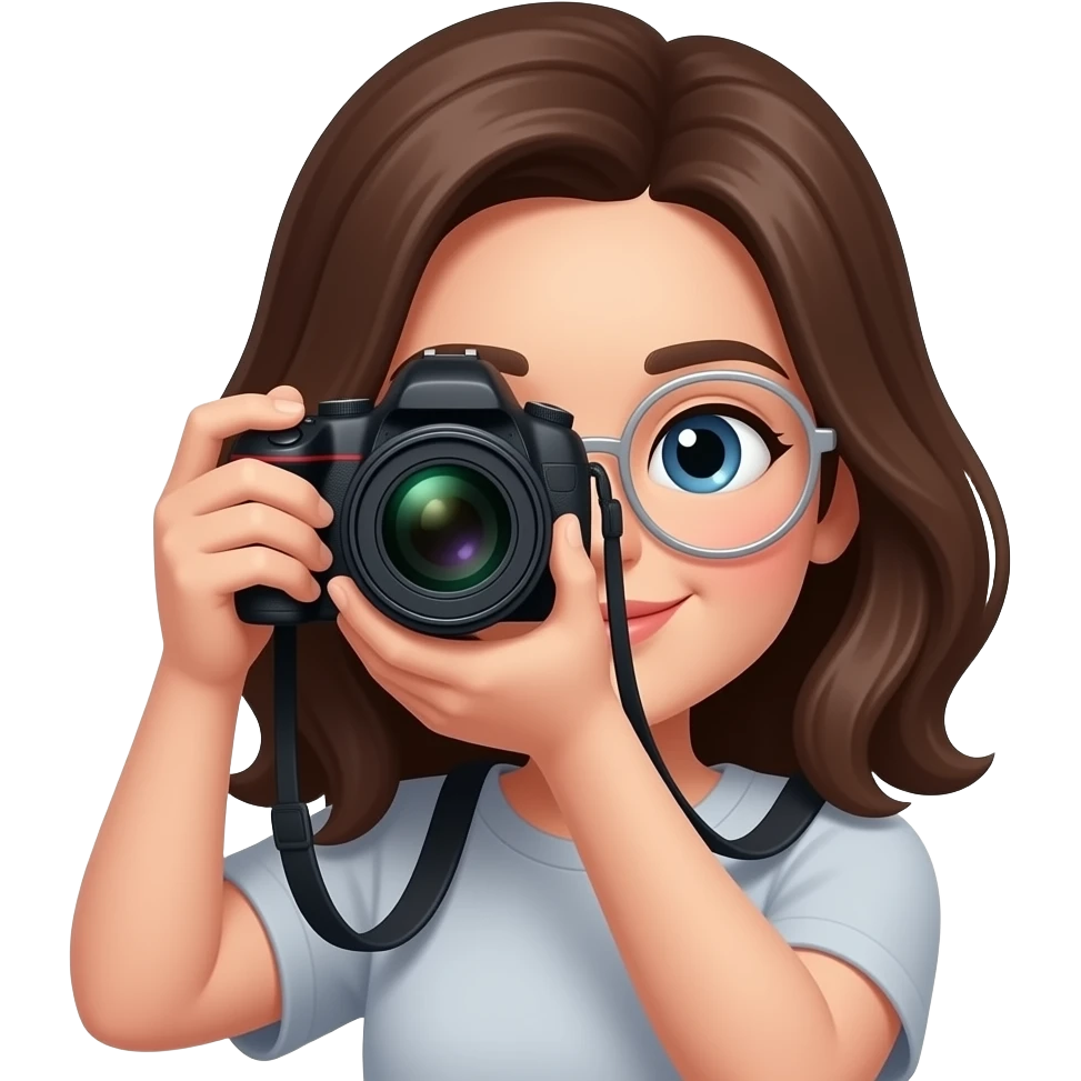 brunette with glasses taking picture emoji
