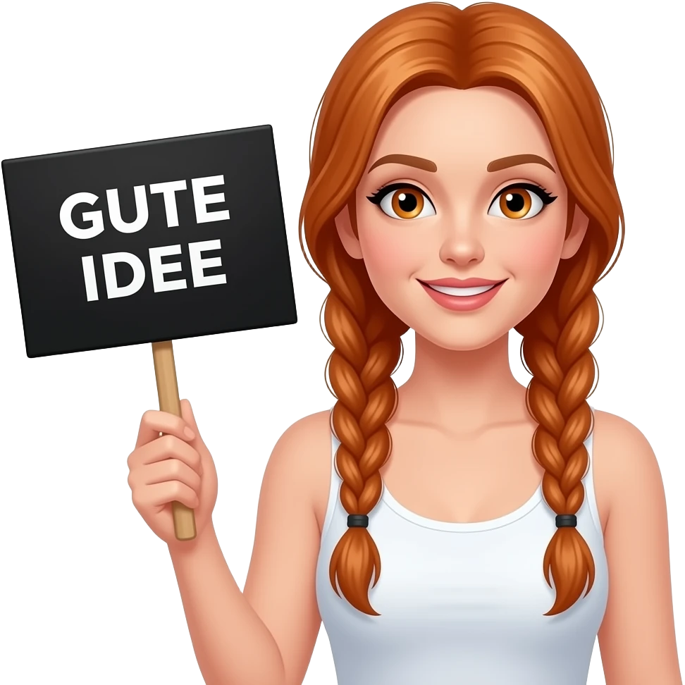 sexy girl with long ginger braids and ginger eyes wearing a white tanktop is holding a black sign with GUTE IDEE written on it emoji