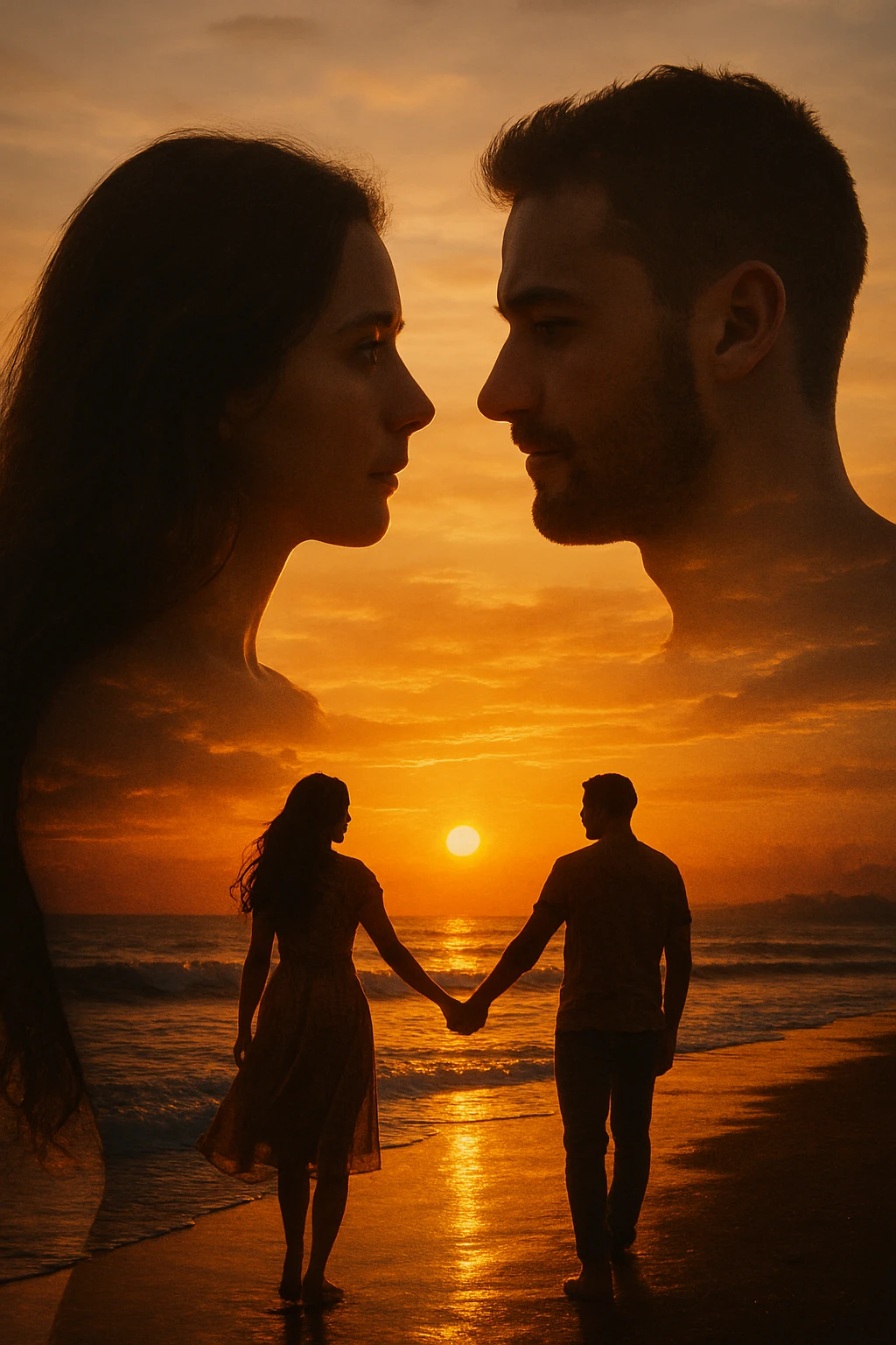 Una doppia esposizione cinematografica di noi di profilo, con un paesaggio di spiaggia al tramonto integrato nella silhouette.
La scena interna ci mostra entrambi camminare sulla sabbia bagnata, tenendoci per mano, con le onde del mare che si infrangono è facile e un cielo colorato dagli ultimi raggi di sole. Atmosfera calda e intima, toni dorati arancioni, dettagli fini ed espressivi, risoluzione 8K. emoji