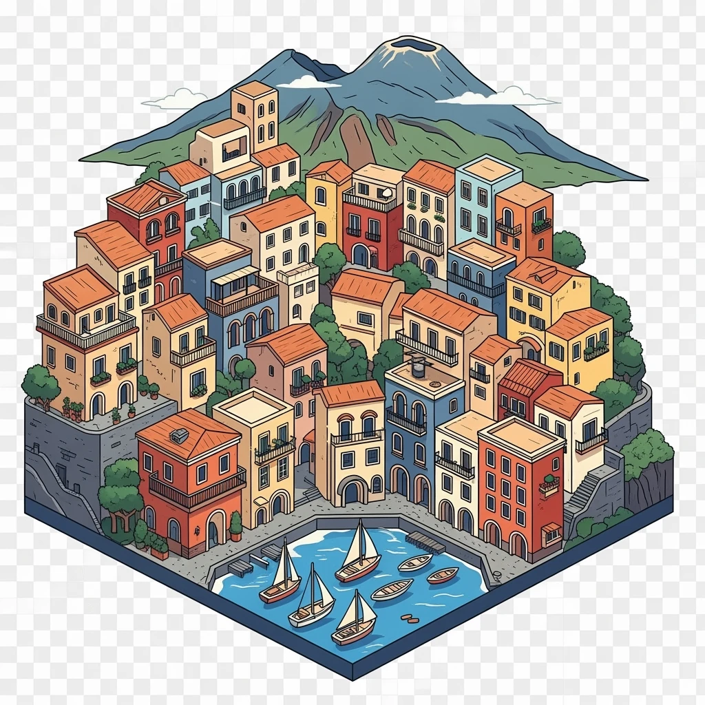 Isometric illustration of Naples, featuring colorful stacked coastal houses and Mount Vesuvius in the background, highly detailed in semi-realistic style with sharp outlines, balanced between stylized and realistic, 3D miniature effect, transparent background. emoji