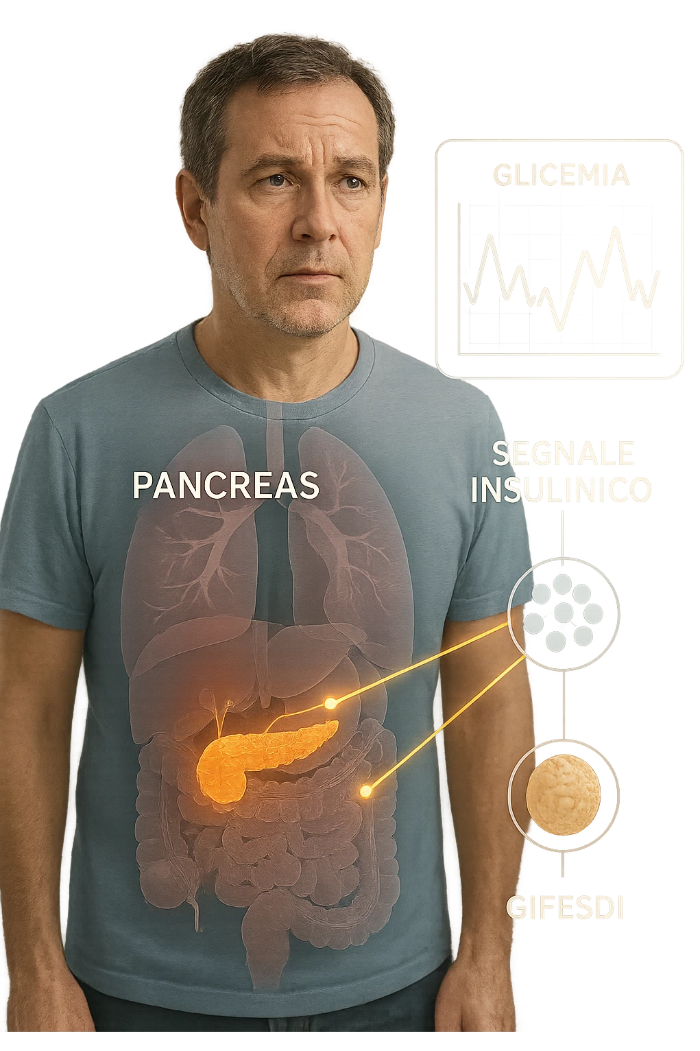 a middle-aged man stands in a clinical setting, with a semi-transparent overlay showing his internal organs. His pancreas is highlighted, and glowing lines or icons indicate disrupted insulin signaling between the pancreas and muscle or fat cells. The man’s expression is slightly concerned, and a digital chart beside him displays fluctuating blood sugar levels. The lighting is realistic, with a clean, modern medical background. scritte in italiano emoji
