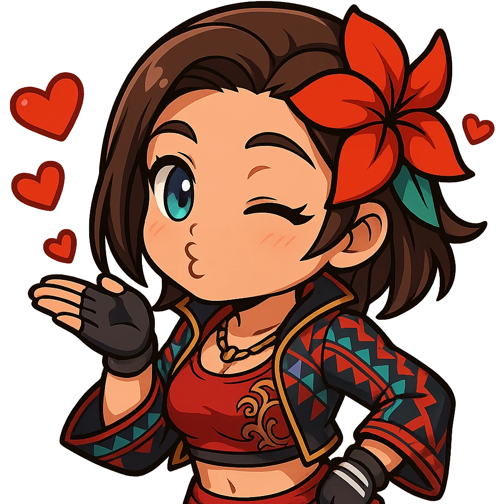Azucena from Tekken 8 in chibi sticker style, blowing a kiss with animated hearts, wearing the detailed red and patterned outfit from the reference images, designed for Twitch emote use. emoji