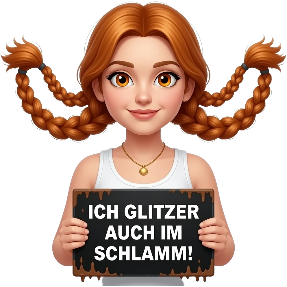 sexy girl with long ginger braids and ginger eyes wearing a white tanktop is holding a black sign with ICH GLITZER AUCH IM SCHLAMM! written on it emoji