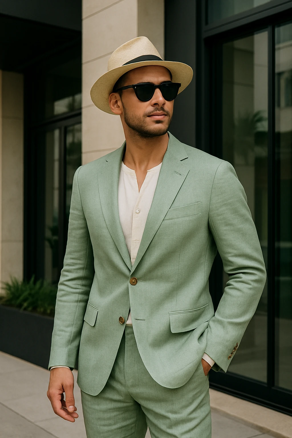 fashionable man in light green linen suit, with sunglasses and straw hat, standing confidently emoji