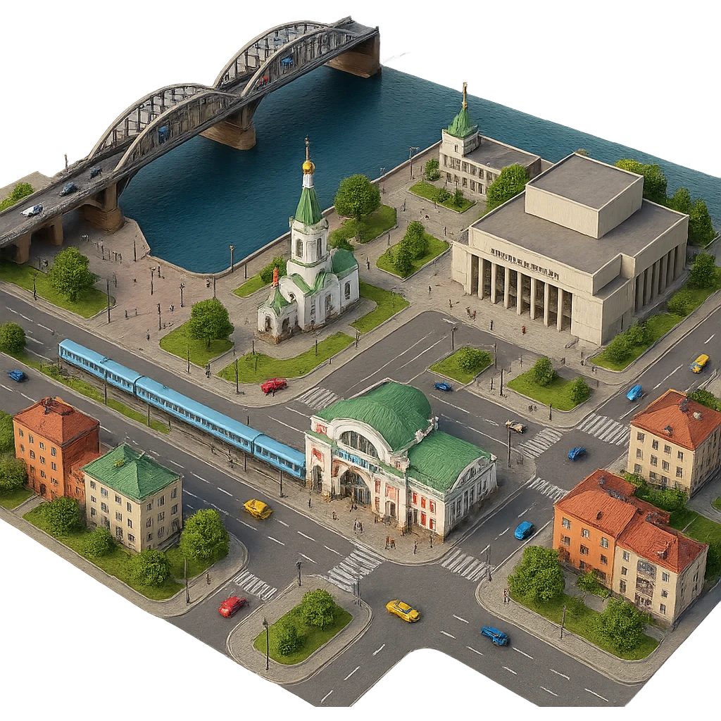 Изометричная чёткая миниатюрная фотореалистичная 3D модель панорамы Красноярска — Стрелка с мостом, Благовещенская церковь, Красноярск-пассажирский, Красноярский театр оперы и балета, дома, люди, автотранспорт. Вид сверху в изометрии, яркие цвета, прозрачный фон, компактная композиция. emoji
