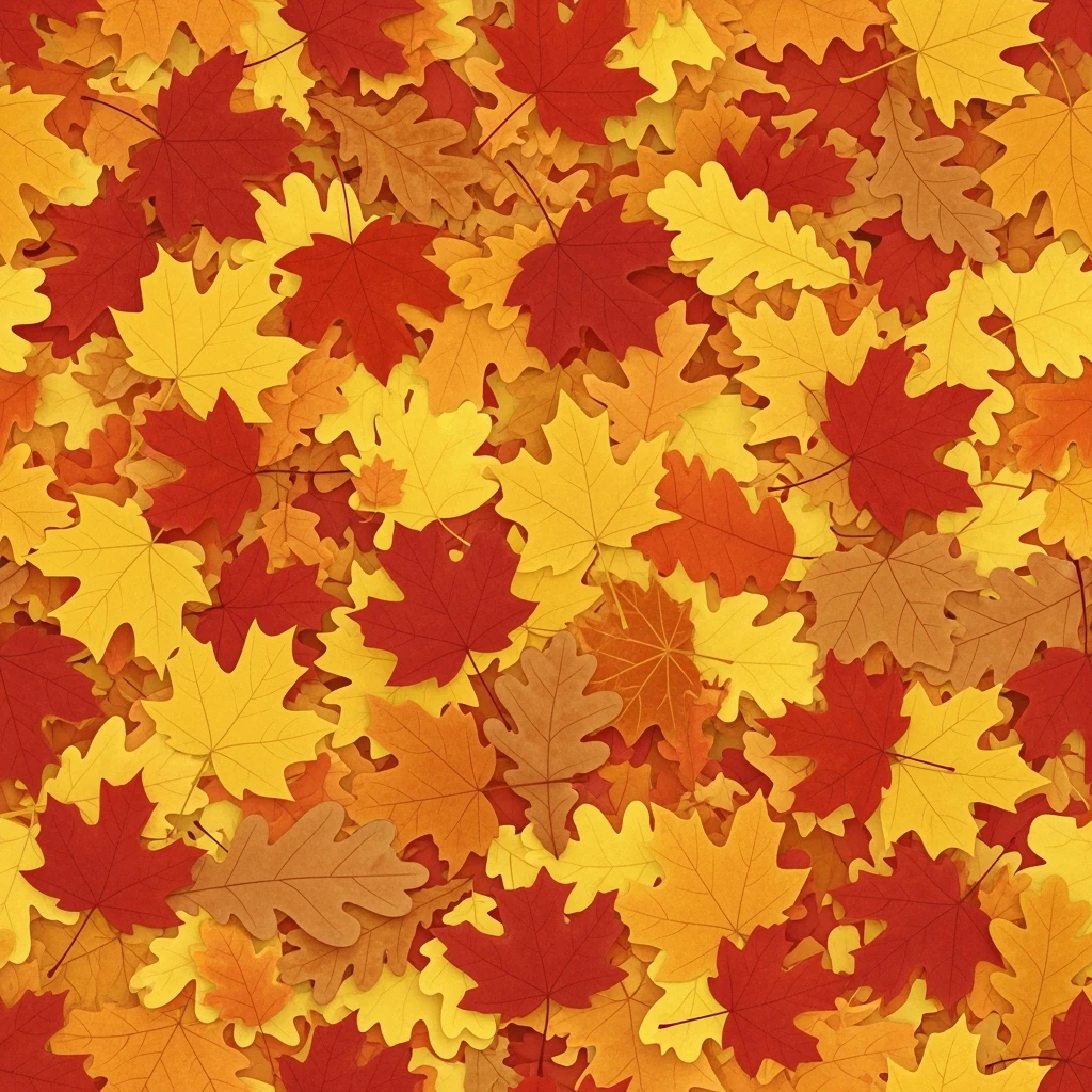 fall leaves seamless background, maple and oak leaves, red orange yellow brown, scattered pattern, soft texture, warm cozy vibe emoji