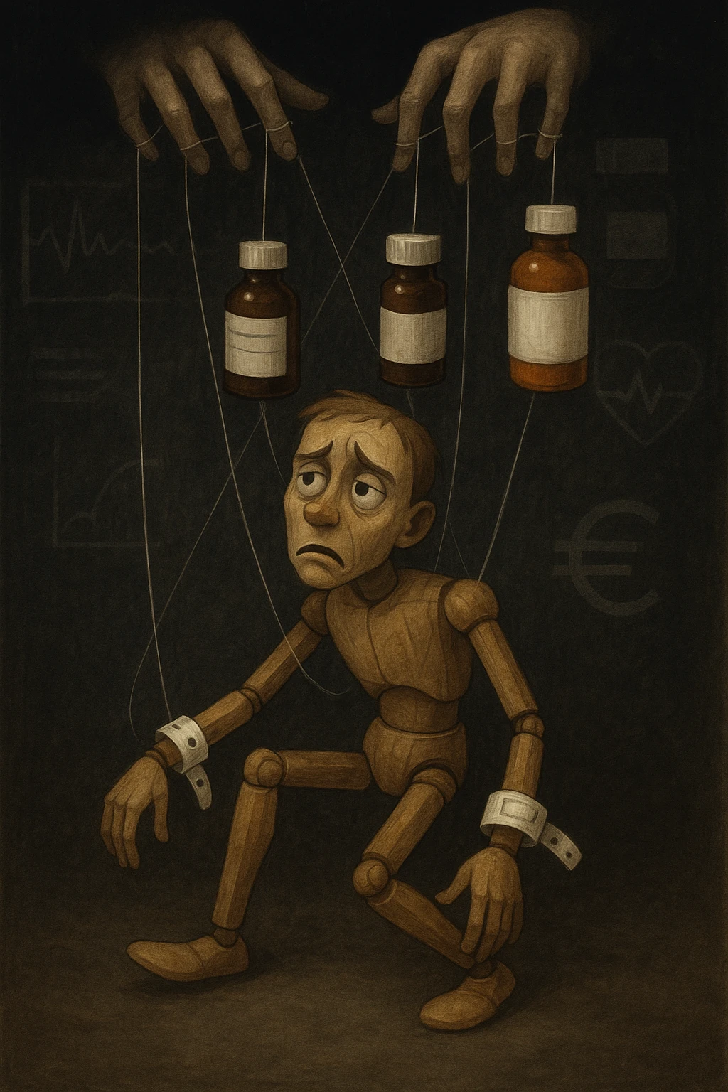 a marionette puppet with hospital bracelets and medication bottles as strings is controlled by unseen hands from above. The puppet’s face shows confusion and fatigue, representing the feeling of being managed by an invisible system. The background is dark, with faint images of medical charts and euro signs. in italiano emoji